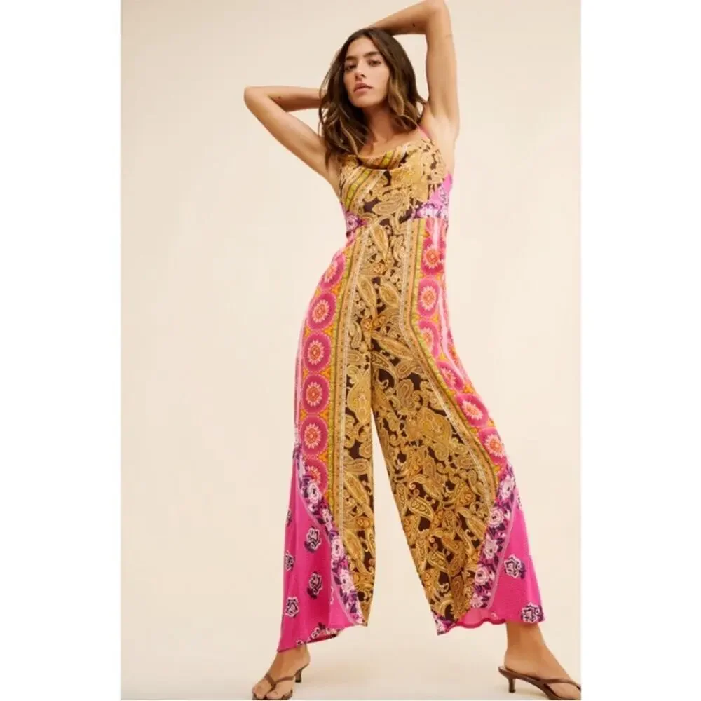 FREE PEOPLE Miranda Printed Jumpsuit In Jewel Combo Large Bohemian Pink and Gold